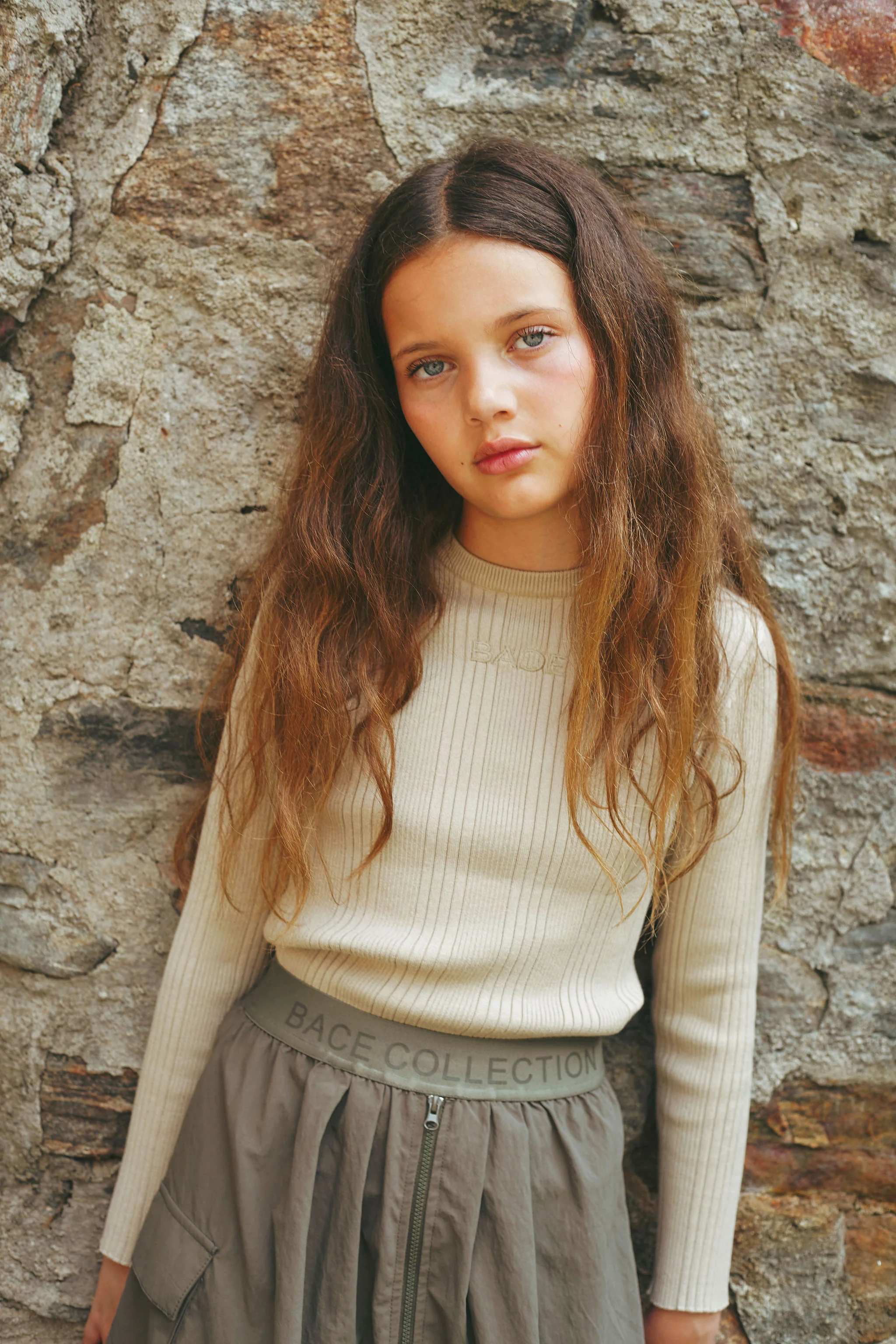 BACE COLLECTION BEIGE RIBBED KNIT EMBROIDERED SWEATER [FINAL SALE] - Image 4