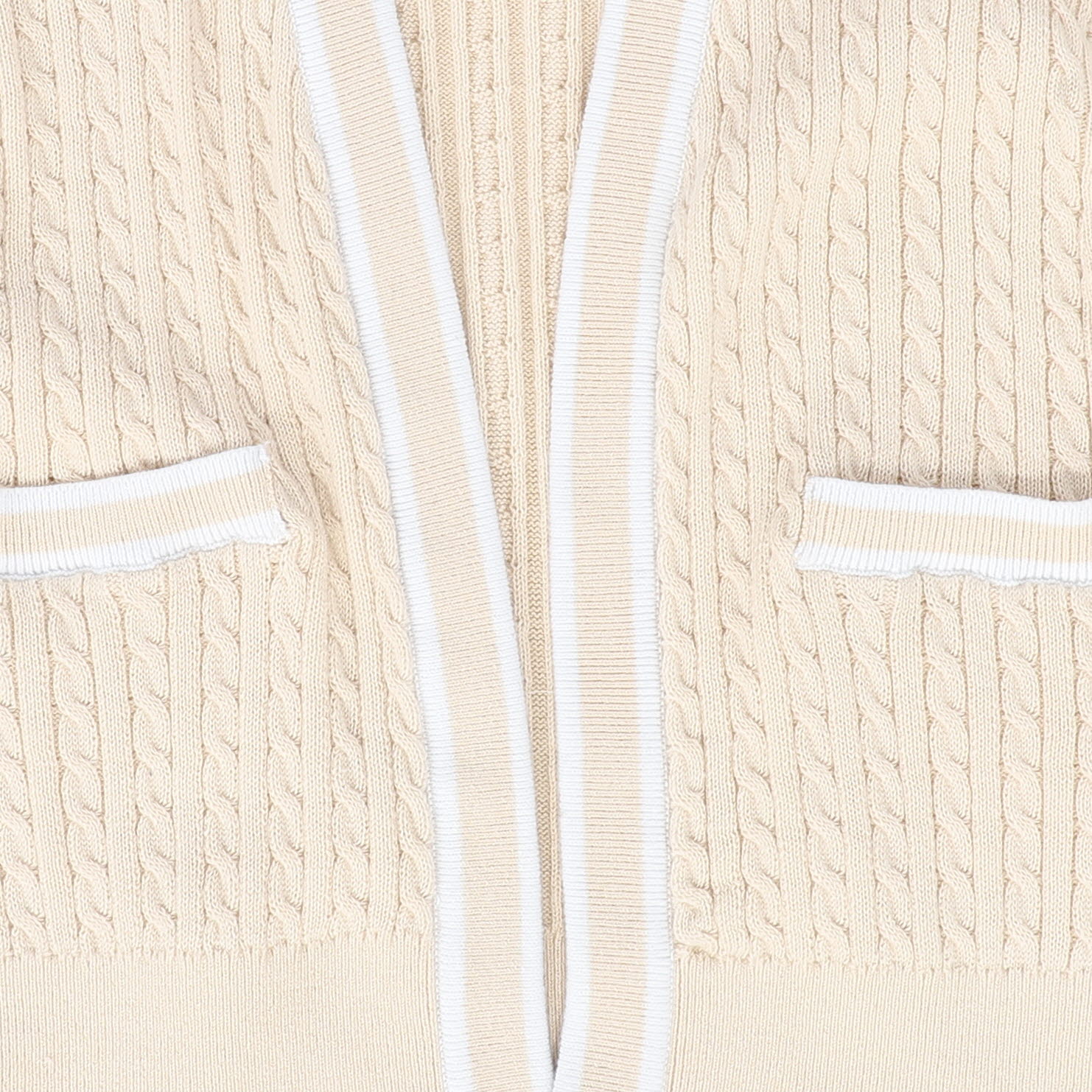 BACE COLLECTION NATURAL CABLE KNIT WHITE TRIM CARDIGAN [FINAL SALE] - Image 3