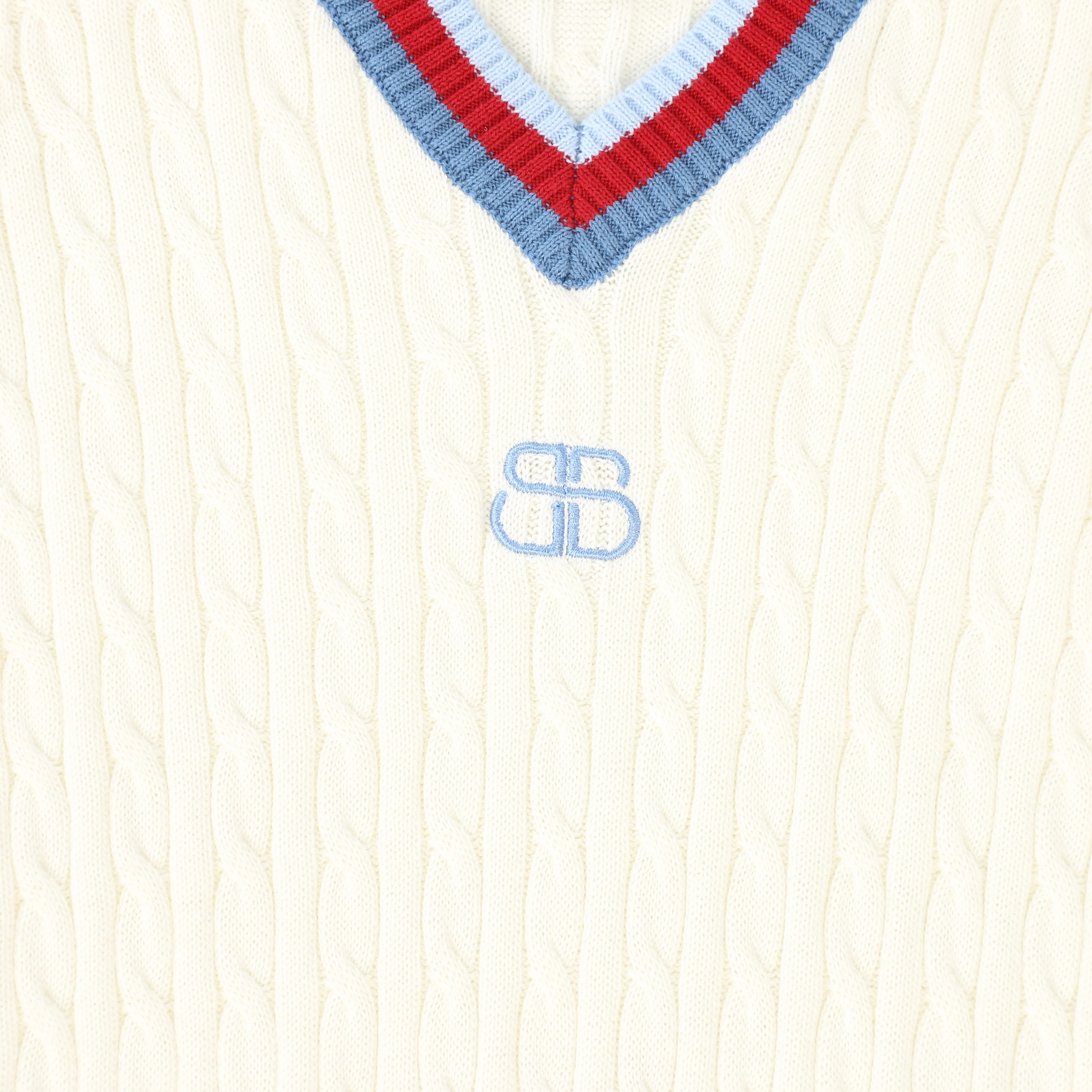 BAMBOO IVORY CABLE KNIT V NECK TRIM SS SWEATER [FINAL SALE] - Image 3
