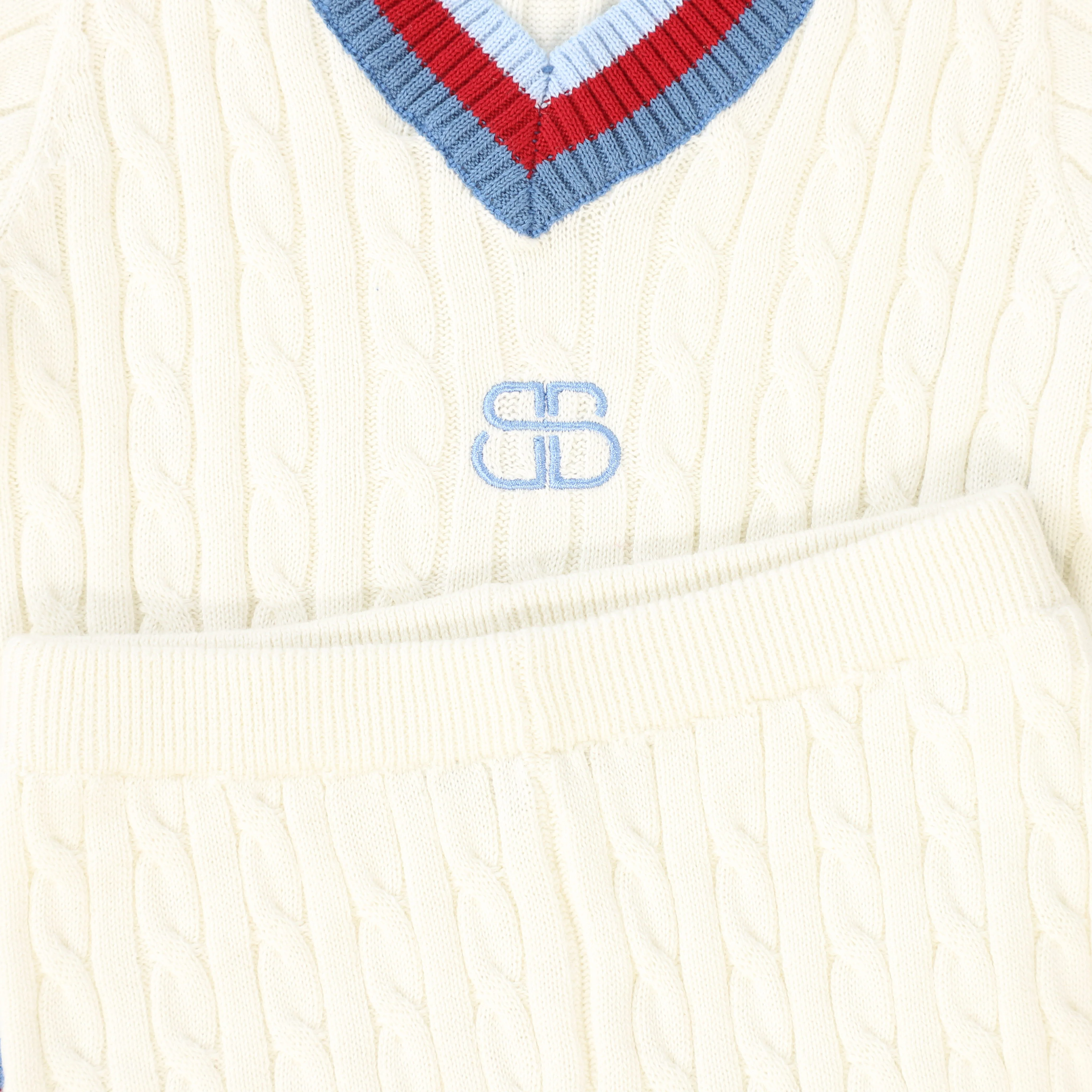 BAMBOO IVORY CABLE KNIT V NECK TRIM SWEATER SET [FINAL SALE] - Image 2