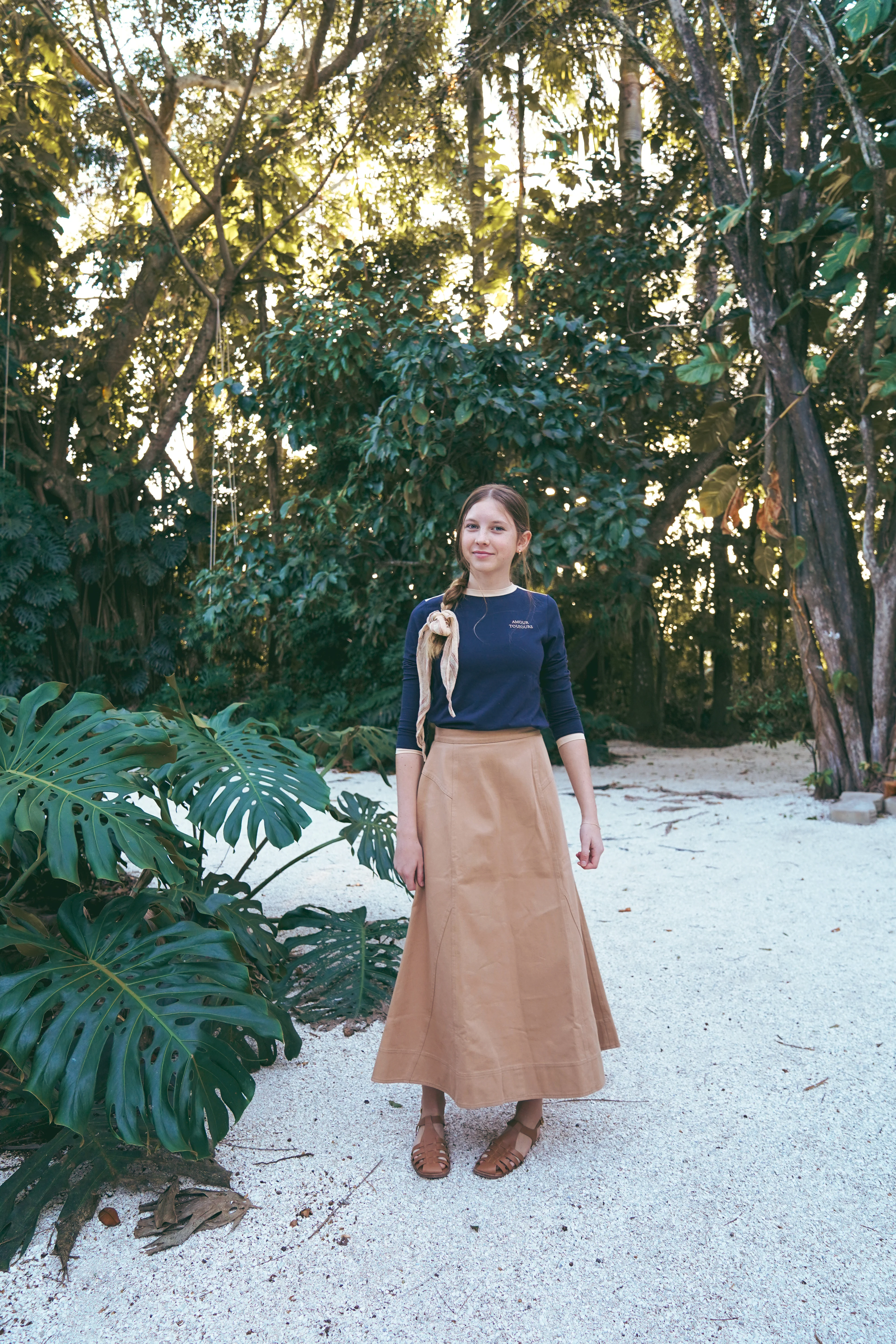 COCO BLANC TAN DENIM STITCHED MIDI SKIRT [FINAL SALE] - Image 2