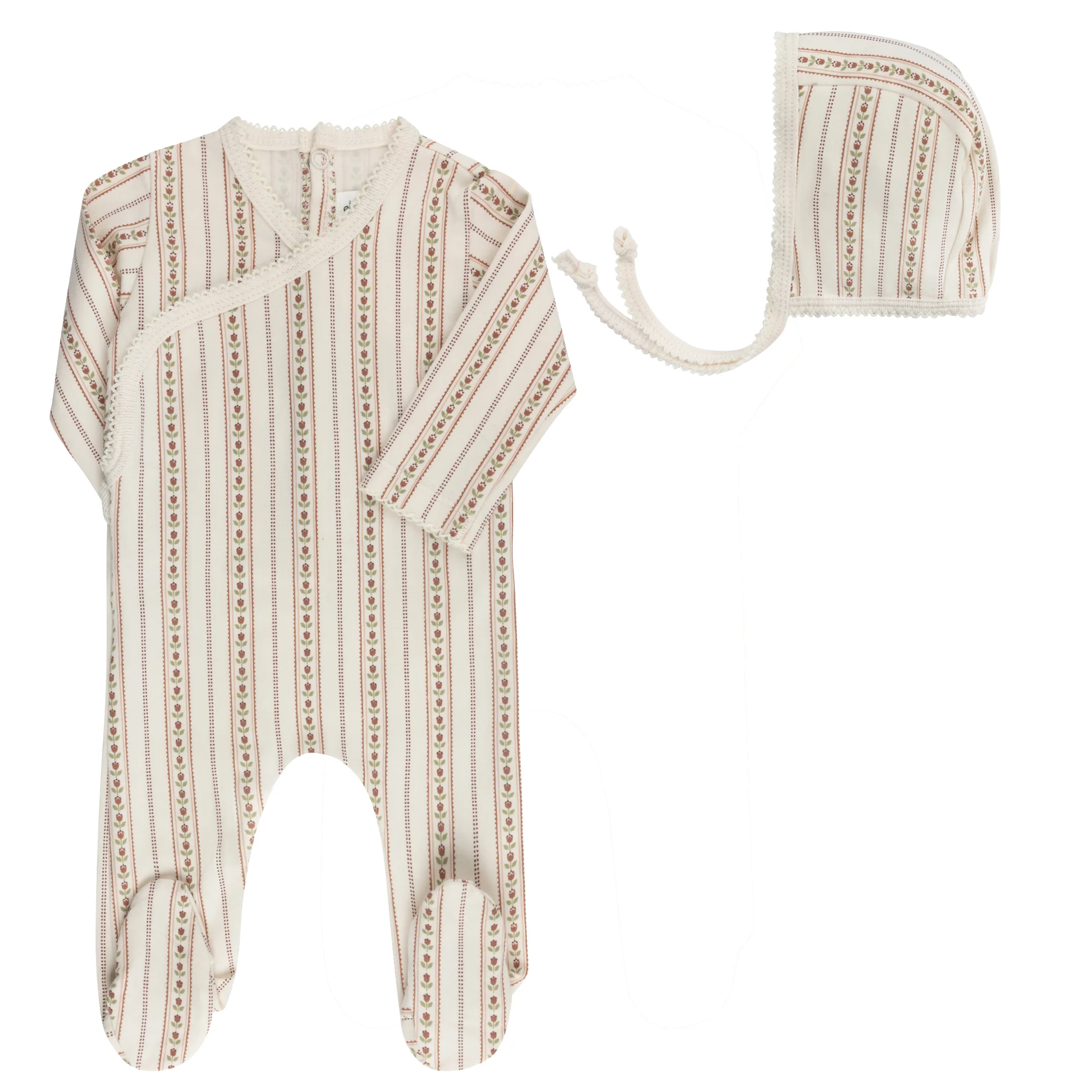ELYS & CO IVORY/PINK LINEAR TULIP FOOTIE + BONNET