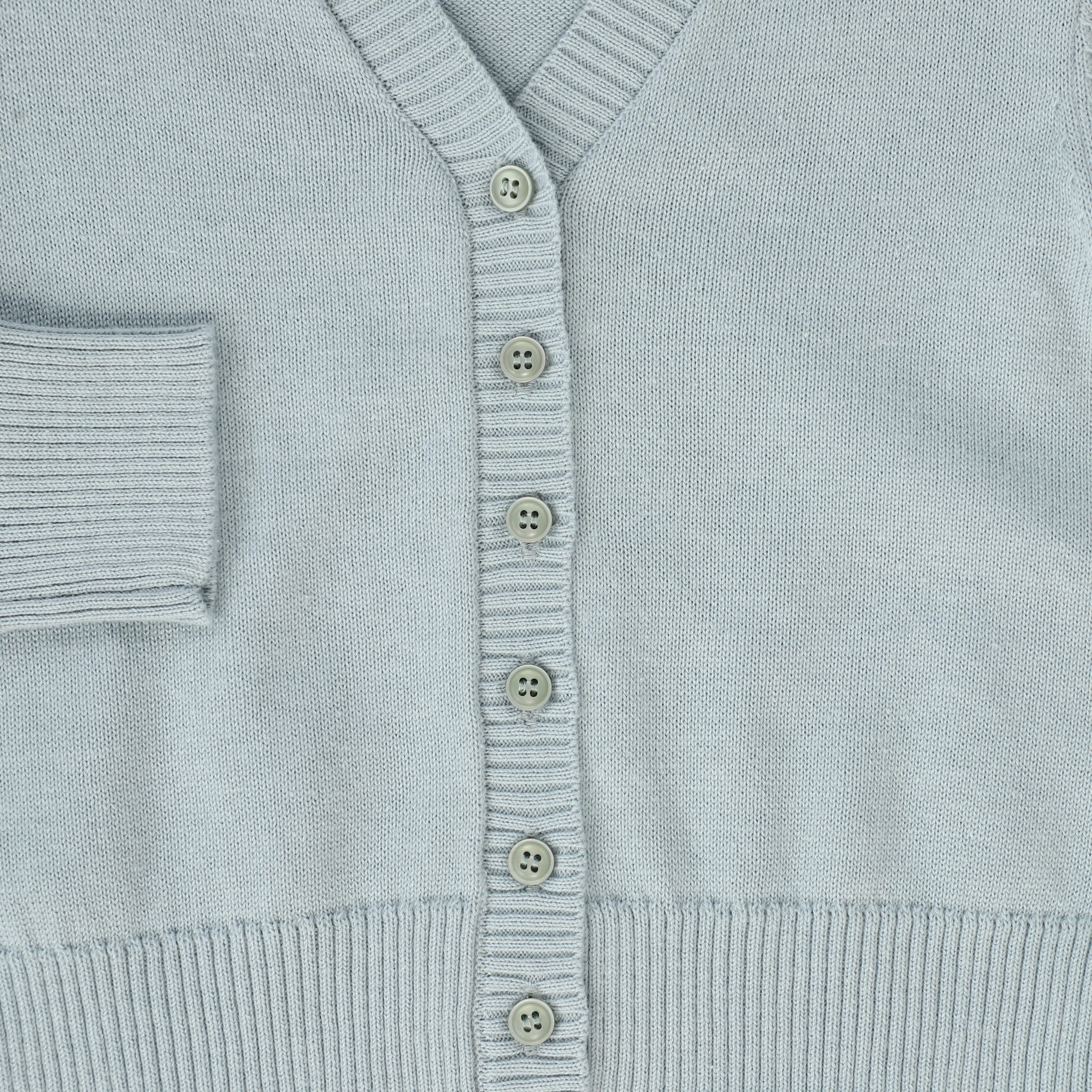 LE BOURDON DUSTY BLUE V-NECK FINE KNIT RIBBED TRIM CARDIGAN [FINAL SALE] - Image 3