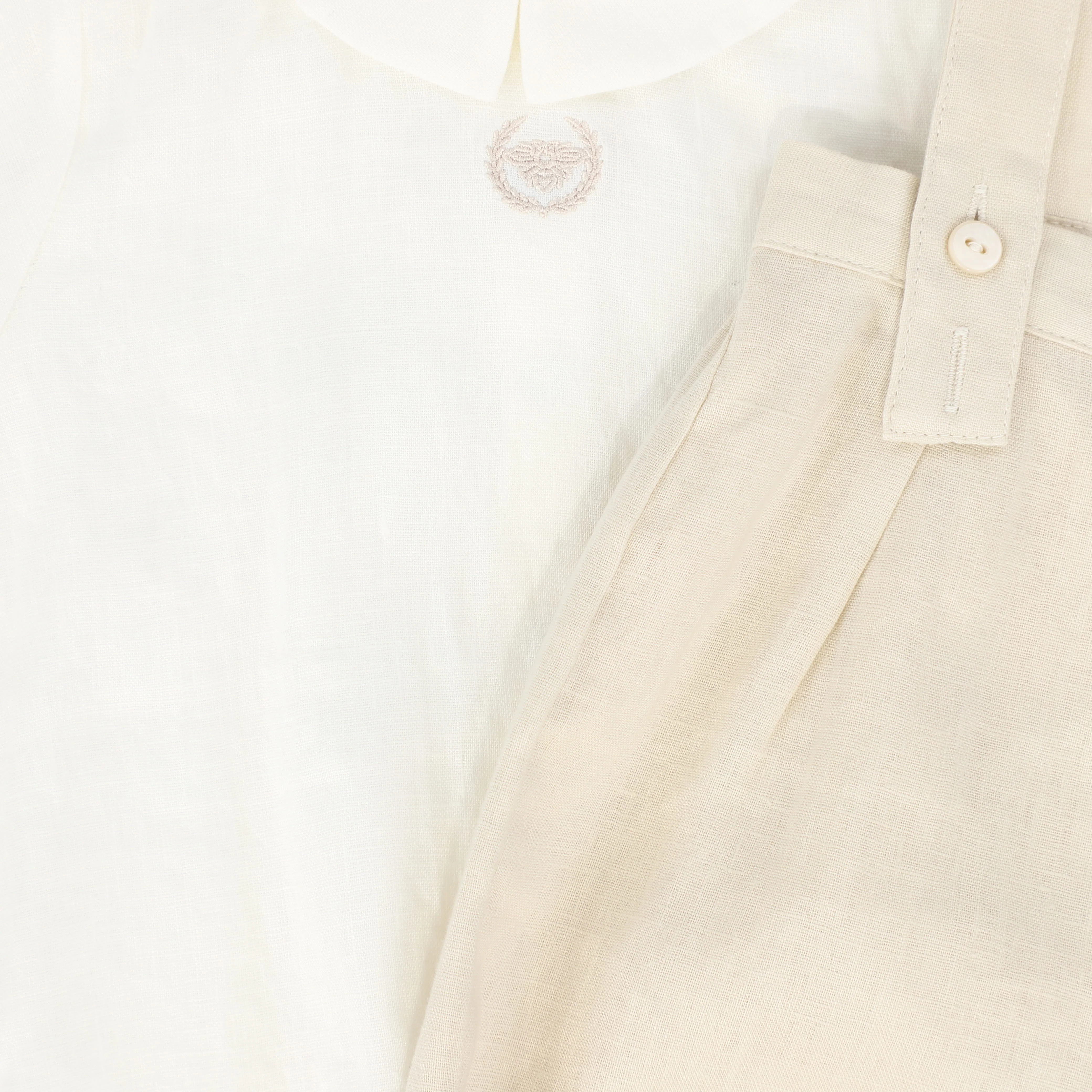 LE BOURDON WHITE/TAN LINEN BUBBLE OVERALLS SET [FINAL SALE] - Image 2