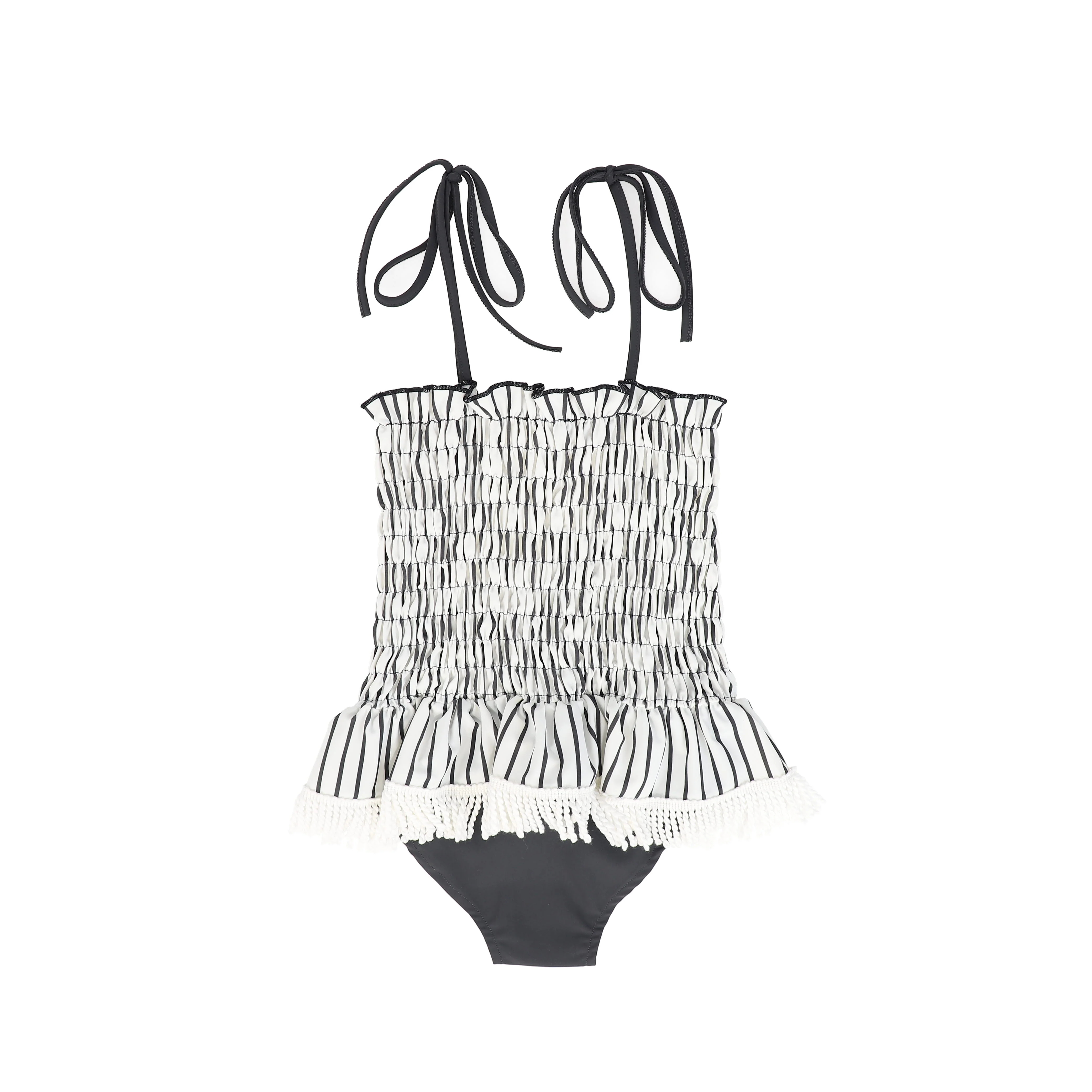 WATER CLUB GREY SMOCKED STRIPE FRINGE SWIMSUIT - Image 2
